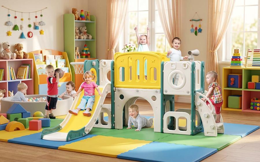 Toddler playing on 8-in-1 slide playset in living room