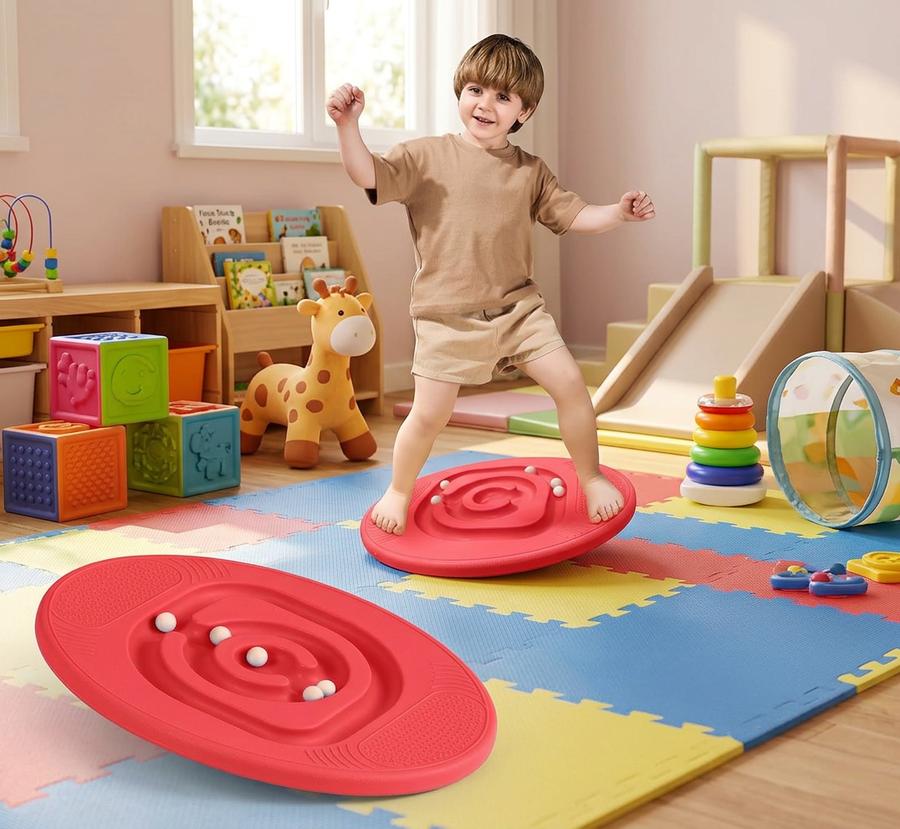 Child standing on maze balance board