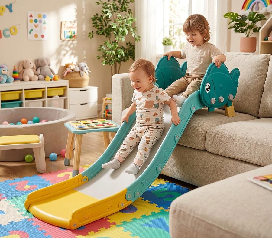 Toddler sliding down couch slide in living room