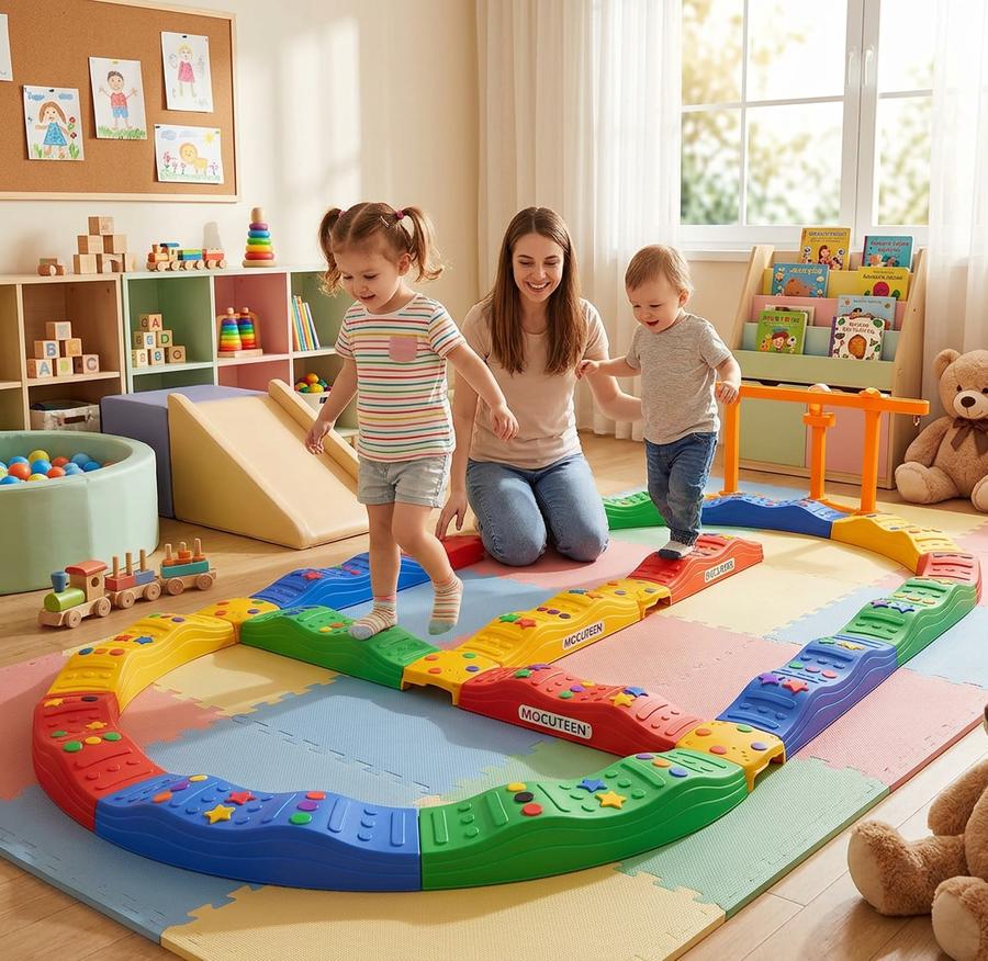 Parent and toddler walking balance beam course